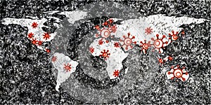 World map view on corona virus spots with lightpaint and sketch techniques