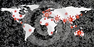 World map view on corona virus spots with lightpaint and sketch techniques