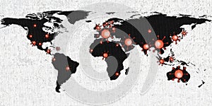 World map view on corona virus spots with lightpaint and sketch techniques