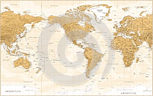 World Map - Vintage Physical Topographic - American View - America in Center - Vector Detailed Illustration