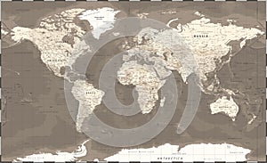 World Map - Vintage Retro Old Style - Vector Detailed Illustration - Beige Brown Colored