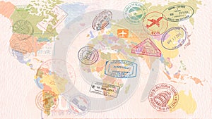 World map with Visas, Stamps, Seals. Travel concept