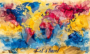 World map in watercolor with Lets travel inscription encourages exploration, adventure, global tourism, and the joy of