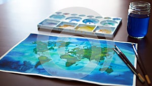 World map watercolor painting art illustration design hand drawing selected focus