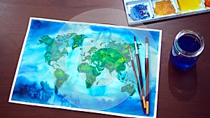 World map watercolor painting art illustration design hand drawing selected focus