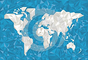 World map in white in crumpled paper style