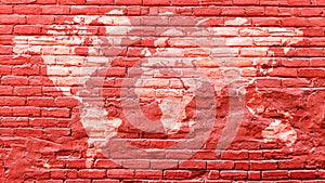 World map in white on vintage red bricks wall