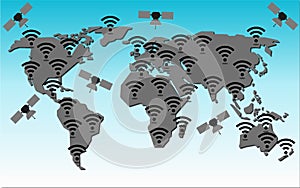 World map with wireless connection and satellite