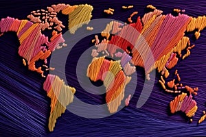 The world map is woven from many multi-colored threads.