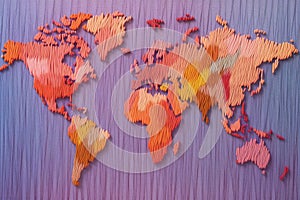 The world map is woven from many multi-colored threads.