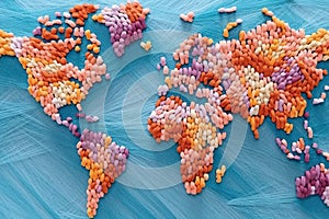 The world map is woven from many multi-colored threads.