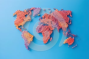 The world map is woven from many multi-colored threads.