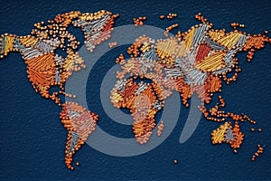 The world map is woven from many multi-colored threads.