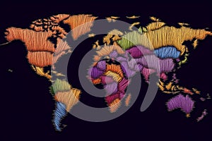The world map is woven from many multi-colored threads.