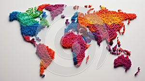 A world map woven with strings, threads of lands. Intricate global interdependence photo