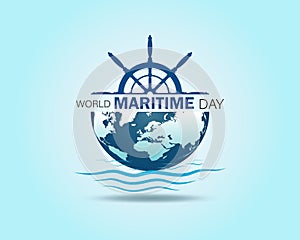 World Maritime Day with World map and Ship Wheel Symbol photo