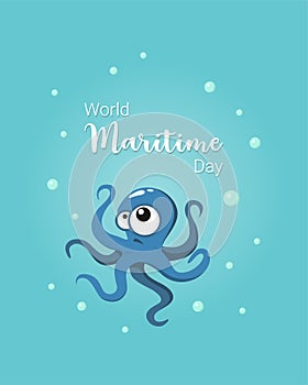 World Maritime Day poster with octopus and air bubbles, funny humorous card, blue background.