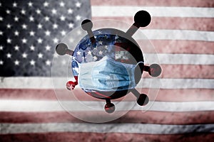 World mask protect Corona virus on American flag background concept for Earth warning covid19 flu pandemic quarantine, 4th July