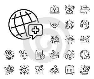 World medicine line icon. Medical help sign. Pharmacy medication. Online doctor, patient and medicine. Vector