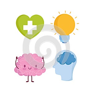 World mental health day, cartoon brain profile human head heart bulb icons