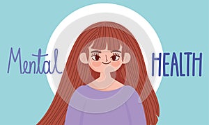 World mental health day, cartoon girl portrait, lettering card