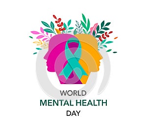 World Mental Health day, concept design with abstract head profiles, green ribbon and flowers