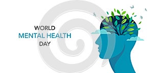 World Mental Health day, concept design with abstract human head profile, flowers and birds