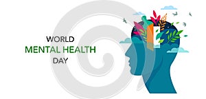 World Mental Health day, concept design with abstract human head profile, flowers, leaves and open door. Concept design