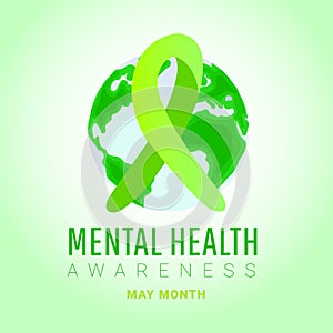 World mental health day concept. Green awareness ribbon with world map shape on green background