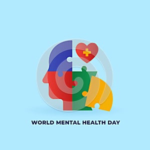World mental health day concept poster background design. Human head jigsaw piece puzzle with love heart medical treatment symbol