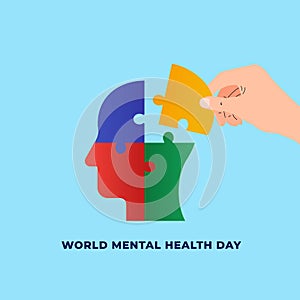World mental health day concept poster background. Hand picking jigsaw piece to fix human head puzzle vector illustration