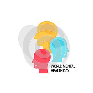 World mental health day concept poster. Group of colorful human heads with brain vector illustration on love heart background