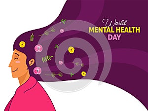 World Mental Health Day Concept, Young Woman With Wavy Long Hair, Flowers, Leaves On Purple And White