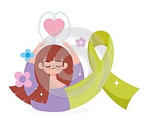 World mental health day, girl brain love green ribbon