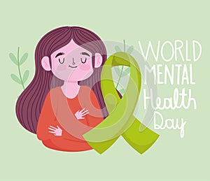 World mental health day, girl green ribbon awareness medical
