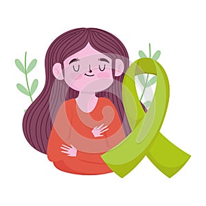 World mental health day, girl green ribbon awareness medical