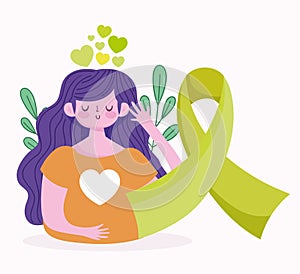 World mental health day, girl green ribbon hearts medical card