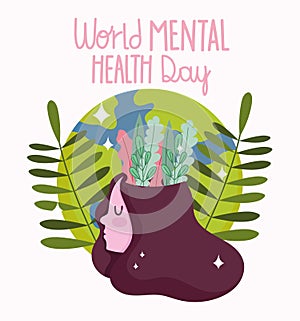 World mental health day, girl with leaves in head planet cartoon