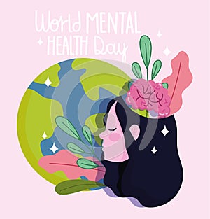 World mental health day, girl with planet brain leaves in head cartoon