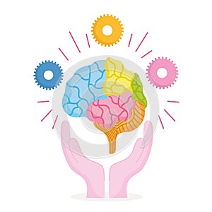 World mental health day, hands with human brain and gears