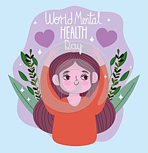 World mental health day, happy girl leaves hearts love