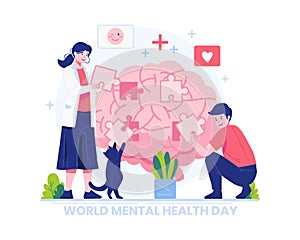 World Mental Health Day Illustration. A Female Psychology Specialist Doctor and A Man Work Together To Connecting Jigsaw