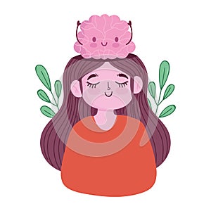 World mental health day, portrait girl with brain cartoon