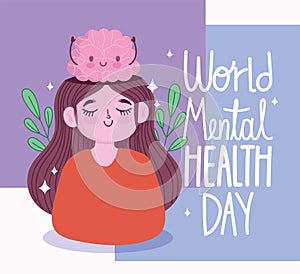 World mental health day, portrait girl with brain cartoon poster