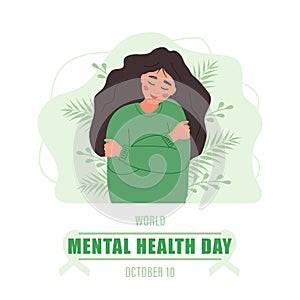 World mental health day poster. Happy woman hugging herself. Annual international health campaign. Vector illustration