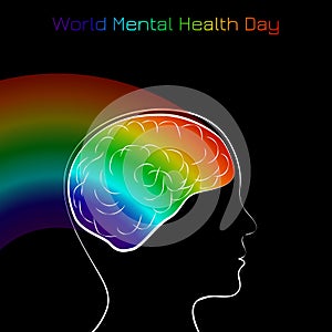 World Mental Health Day. Silhouette of the head of man and brain. Rainbow from the brain. Black background
