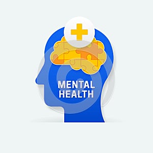 World mental health poster background design. Human head with missing jigsaw piece brain puzzle and medical symbol vector