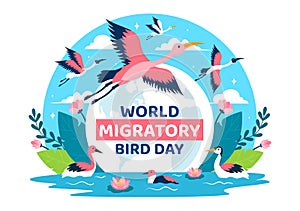 World Migratory Bird Day Vector Illustration with Birds Migrations Groups and Their Habitats for Living Aquatic Ecosystems