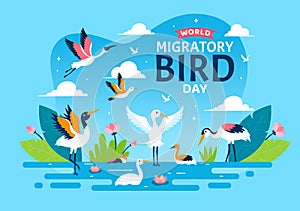 World Migratory Bird Day Vector Illustration with Birds Migrations Groups and Their Habitats for Living Aquatic Ecosystems