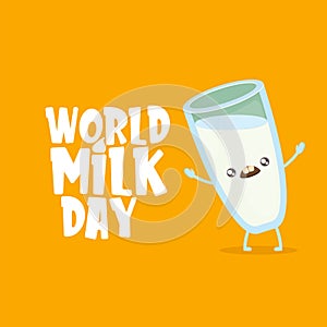 World milk day greeting banner with funny cartoon cute smiling milk glass character isolated on azure background. Happy